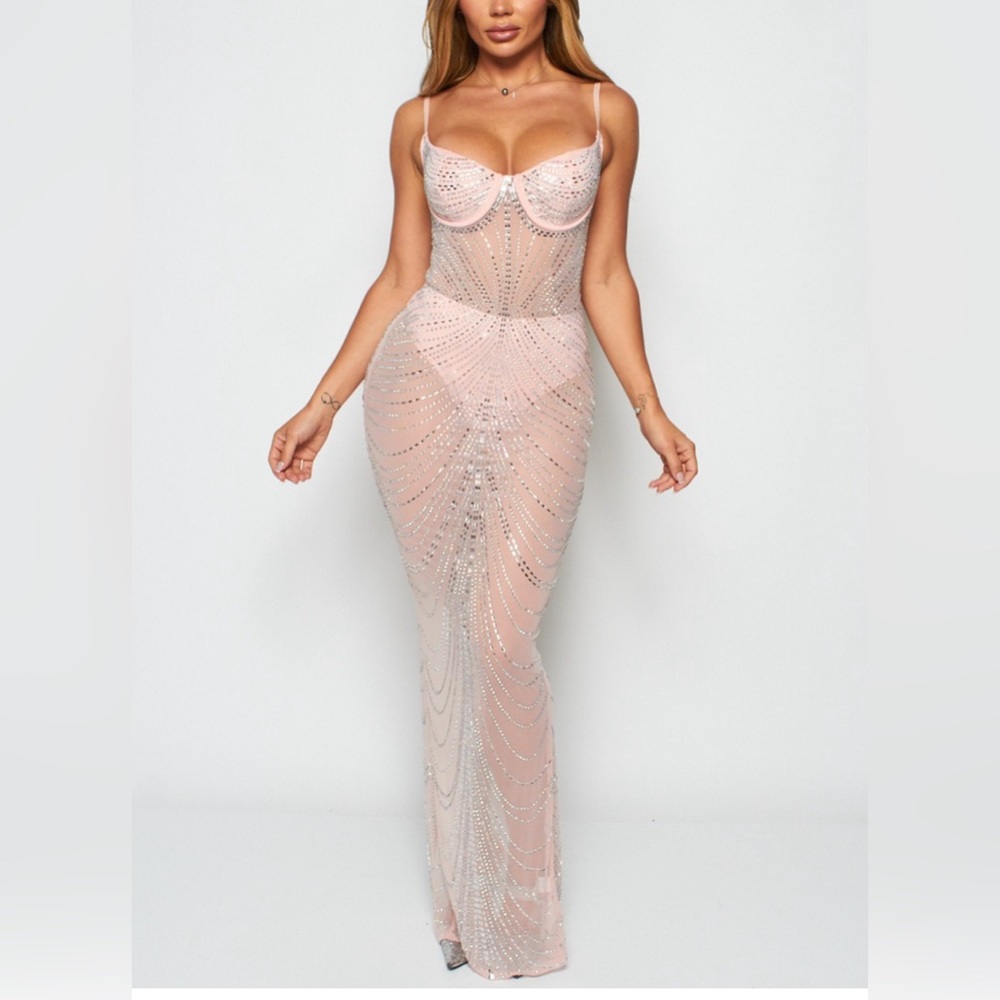 291. Isadora Mesh Rhinestone Mermaid Dress in Pink